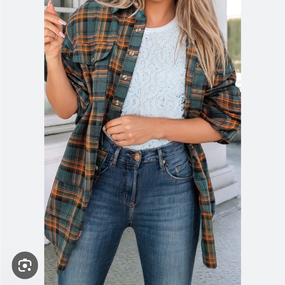 POL S (M-L good) oversized distressed Green Orange Plaid high slits Shirt